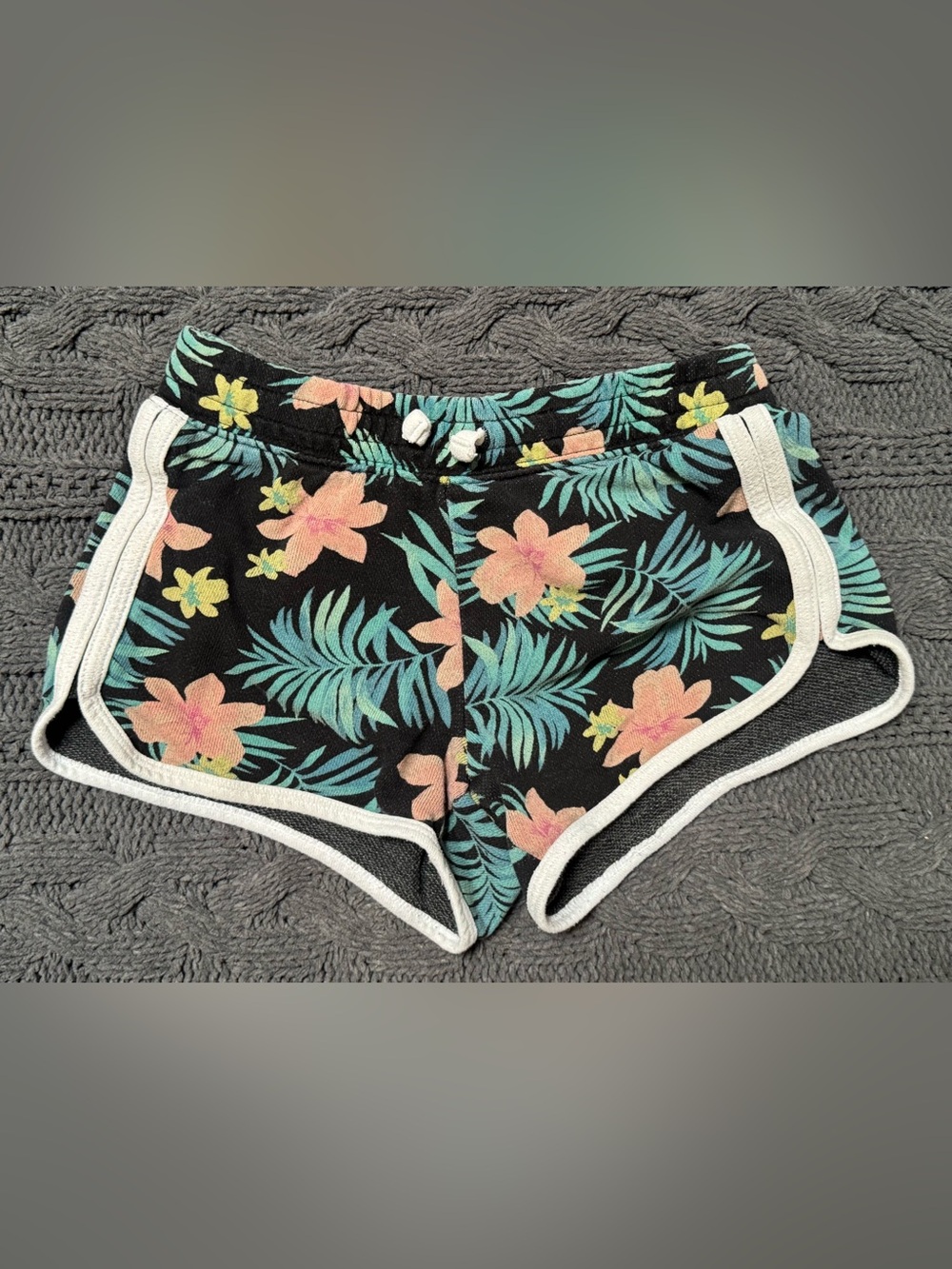 SO Black Floral Athletic Shorts with Mint and Peach Print, Kids Large (10/12)